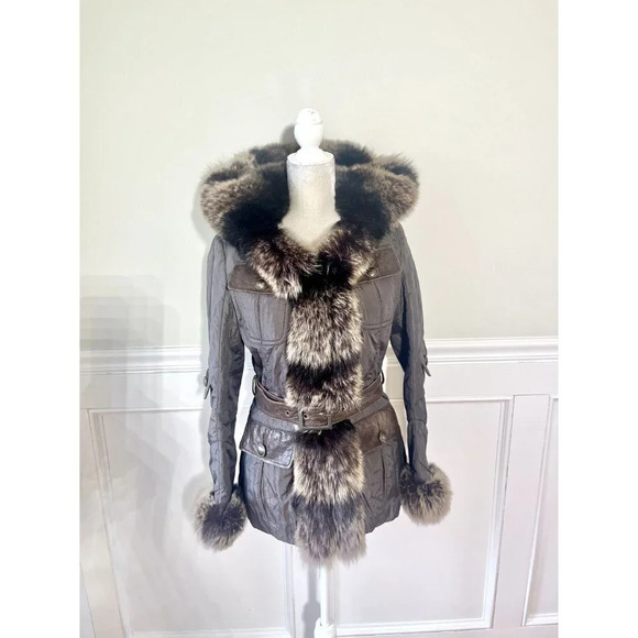 Intuition Paris Fox Fur Trimmed Luxe Belted Parka Jacket 38 6 - Picture 2 of 7